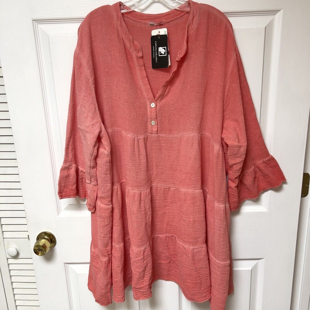 Catherine Lillywhite’s Gauze Dress O/S Linen Blend Coral Melon Tiered Mini Italy